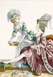 彼女の足を洗うエレガントな女性、デュパンによって刻まれた「Galerie des Modes et Costumes Francais」のプレート32、1778